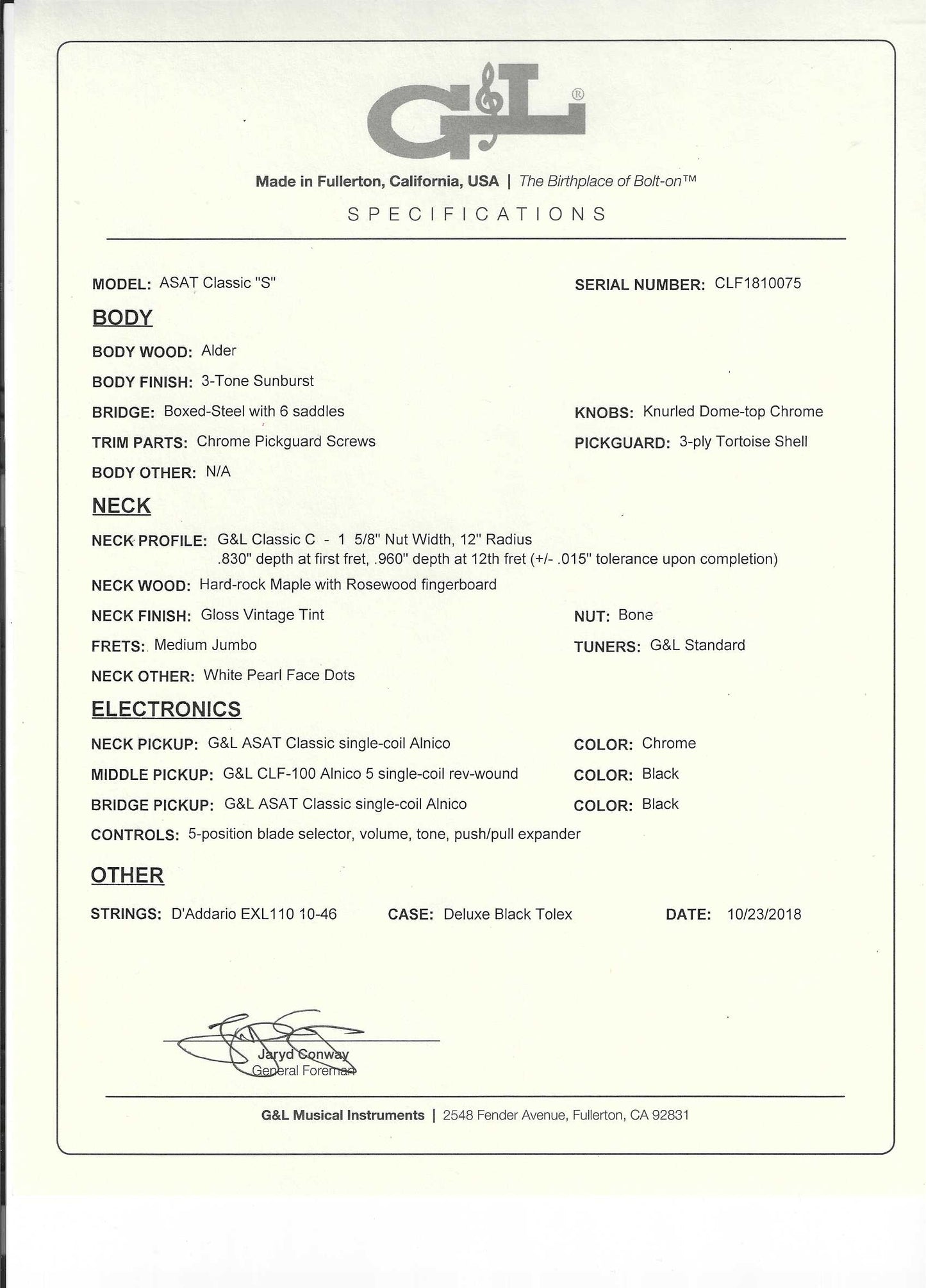 USED G&L ASAT Classic "S" AlNiCO 3 TB